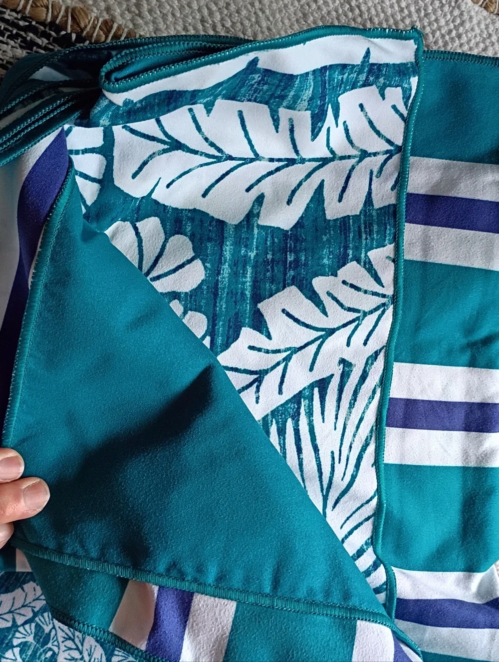 Striped And Floral Beach Towel  Teal Tropical Drawstring Pouch And Zipper Pocket